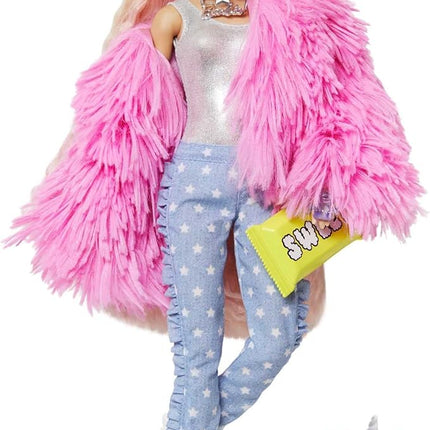 Barbie Extra Doll & Accessories with Pink-Streaked Blonde Crimped Hair in Fluffy Pink Coat with Pet Unicorn-Pig