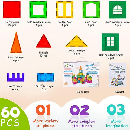 cossy 60 Pcs Magnet Tiles Magnetic 3D Building Blocks Set Educational Construction Toys for 3+ Year Kids with Stronger Magnets, Rivets-Fastened, Educational,Recreational, Conventional