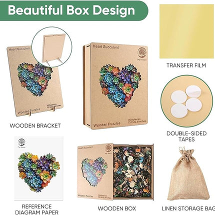 Mys Aurora Jigsaw Puzzles,300 Pieces Heart Succulent Wooden Puzzles for Adults, Unique Shaped Plant Puzzles,Brain Teaser Family Flower Puzzle Game 13.2 x 12.6 Inch