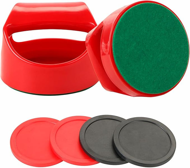 1 Set 100mm Air Hockey Pushers and Air Hockey Pucks Great Goal Handles Pushers Goal Handles Paddles Replacement Accessories - 2 Red Pushers and 4 Pucks (2 Red and 2 Black)