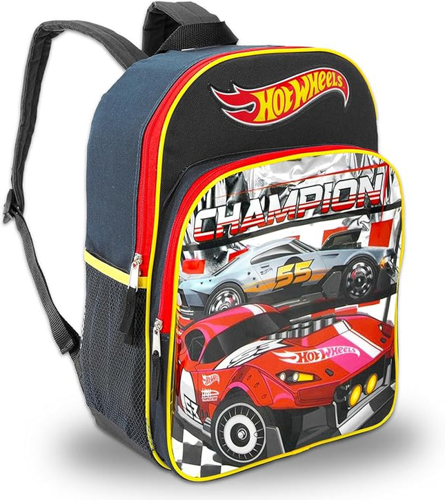Hot Wheels Backpack Set - Bundle with Deluxe 16" Race Car Backpack Plus Temporary Tattoos, Water Bottle, More | Hot Wheels Backpack for Boys, Kids