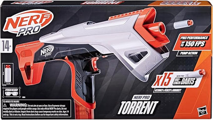 Nerf Pro Torrent Half-Length Dart Blaster, 150 FPS, 15 Nerf Pro Half-Length Darts, 15-Dart Magazine, Pump Action, Eyewear, Gifts for Teens, 14+