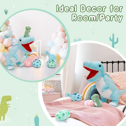 MorisMos Dinosaur Stuffed Animal with Babies,23.6'' Big Mommy Stuffed Dino T-rex with 3 Baby Dino Stuffed Toys & 3 Eggs Plush Inside Belly, Boy Girl Dinosaur Toys for Kid 3-5,Blue T-rex Toys Gift