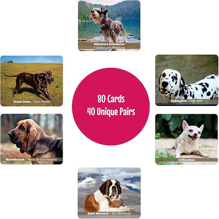 Menique – Dogs Memory Matching Game – Bilingual – 80 Cards (40 Pairs) with Real Photographs – Educational Game for Kids and Adults