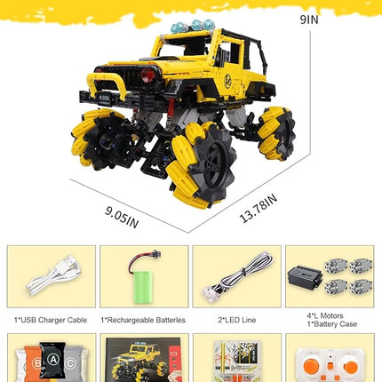 Off-Road Car Building Kits with Remote Control for Adults,Technic Pickup Truck Building Blocks Toys,STEM Engineering Gift for Mens,Boys,Kids-1490PCS(Yellow)