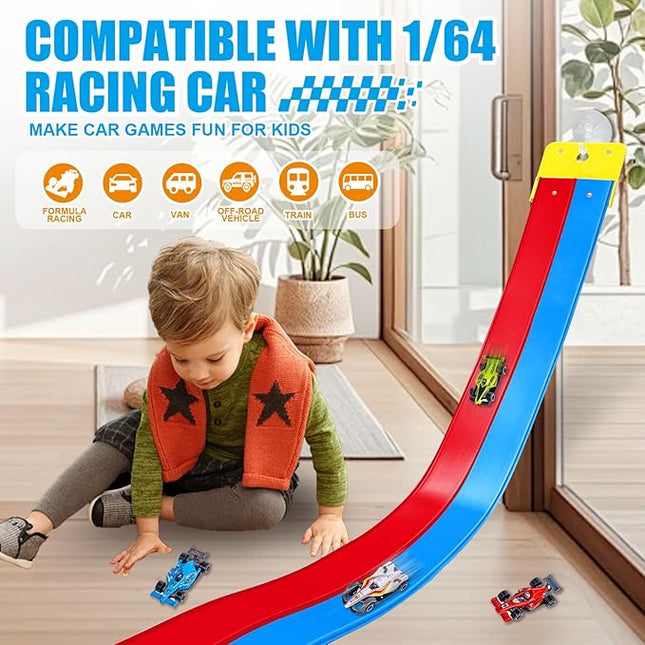 Flexible Race Track Toys for Kids 15 Ft with 4 Cars & Suction Cups, Portable Double Lane Racetrack Compatible with Hot Wheels & 1/64 Diecast Cars, Fun Car Ramp Track Set for Ages 3+(Blue & Red)