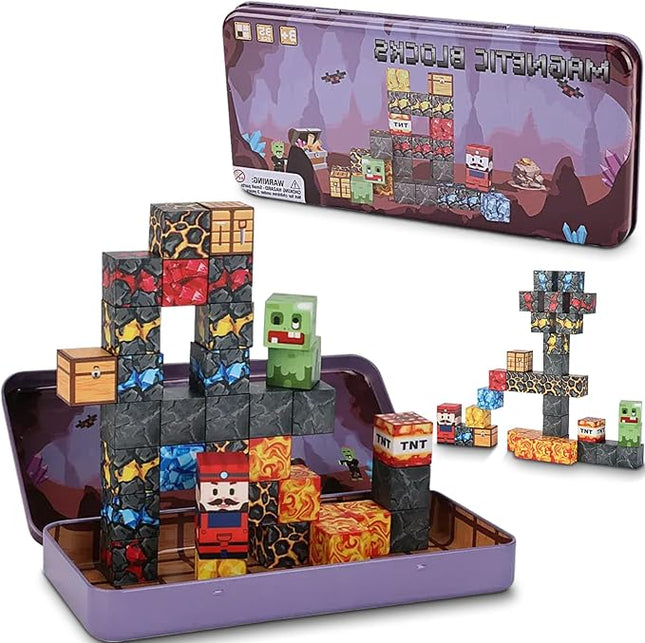 35PCS Magnetic Blocks for Kids - STEM Learning Creative Construction Sets Building Cubes with Portable Iron Storage Box, Educational Travel Games, Road Trip Sensory Toys Magnetic Tiles (Treasure Hunt)