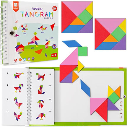 Travel Tangram Puzzle with 2 Sets Magnetic Jigsaw Boards & 368 Patterns and Solutions, Montessori STEM Airplane & Road Trip Games, Educational Brain Teaser Toy Gift for Kids & Adults