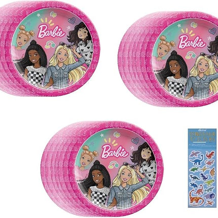Barbie Party Supplies Bundle includes 24 Dessert Cake Paper Plates and 1 Dinosaur Sticker Sheet