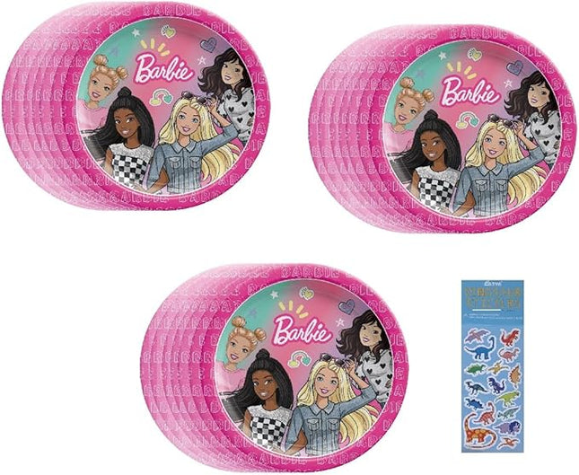 Barbie Party Supplies Bundle includes 24 Dessert Cake Paper Plates and 1 Dinosaur Sticker Sheet