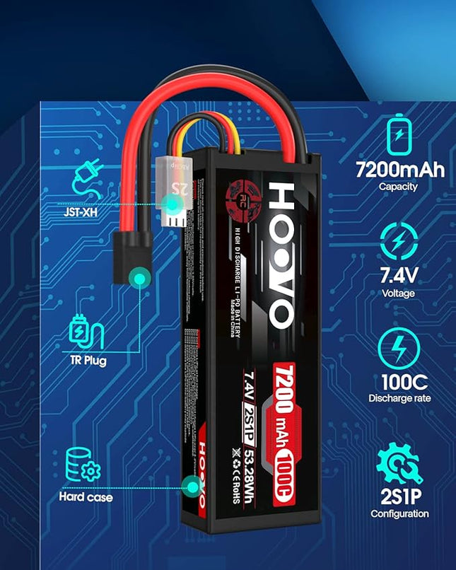 HOOVO 2S Lipo Battery 7.4V 7200mAh 100C RC Lipo Battery Pack Hard Case with TR Plug Compatible with 1/8 and 1/10 RC Truck Vehicles RC Car Truggy Buggy Racing Models-2 Pack