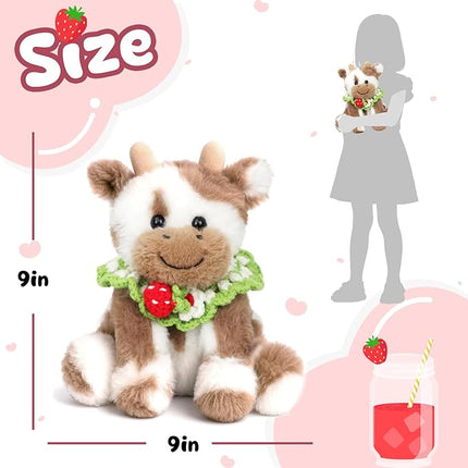 Hopearl Adorable Plush Cow Toy with Knitted Cute Strawberry Bib Floppy Dairy Cattle Soft Stuffed Animal Gifts for Boys Girls Kids Toddlers, Light Brown, 9''