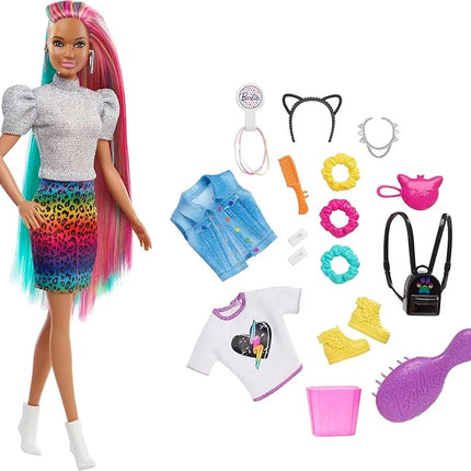 Barbie Doll Leopard Rainbow Hair with Color-Change Highlights & 16 Styling Accessories Including Clothes, Scrunchies, Brush & More