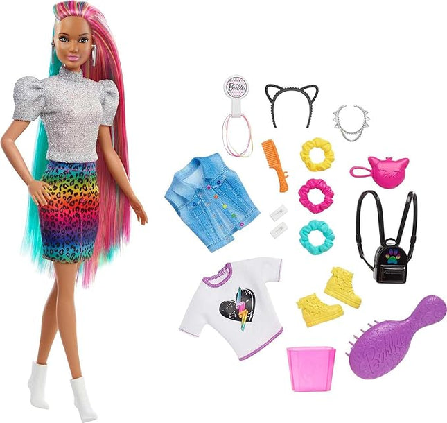 Barbie Doll Leopard Rainbow Hair with Color-Change Highlights & 16 Styling Accessories Including Clothes, Scrunchies, Brush & More