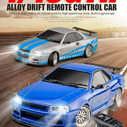 LD1899 1:18 RC Drift Car GTR R34 2.4GHz RWD with Gyroscope on-Road Alloy Body Shell Racing Cars Radio Control (Silvery)