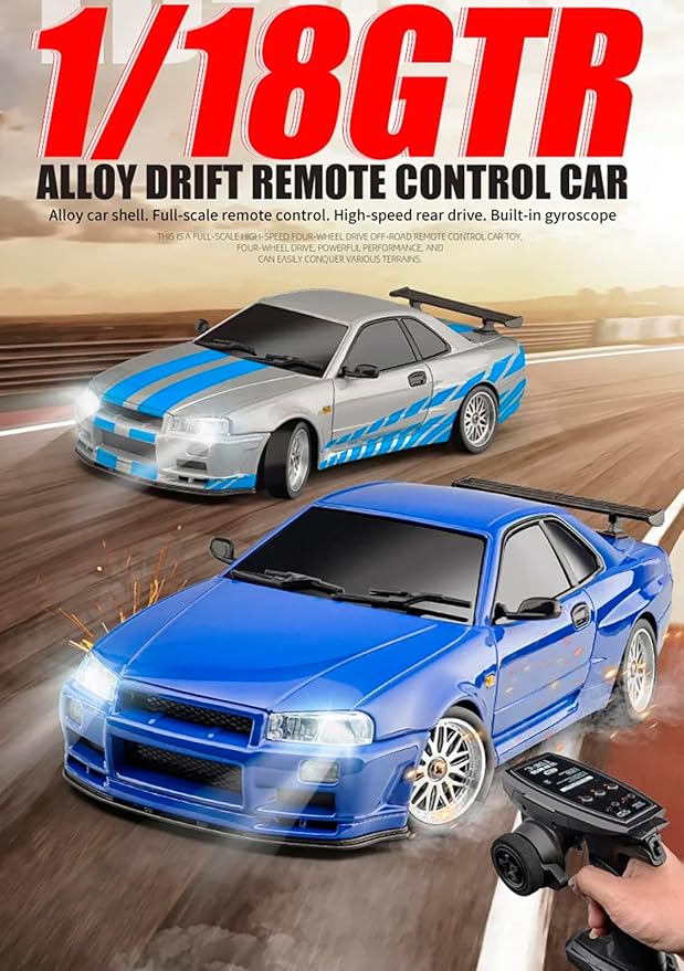 LD1899 1:18 RC Drift Car GTR R34 2.4GHz RWD with Gyroscope on-Road Alloy Body Shell Racing Cars Radio Control (Silvery)
