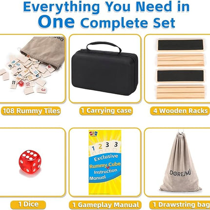 Upgraded Rummy Cube Game Set 4 Players with 4 Wooden Holders and 108 Rummy Melamine Tiles, Travel Family Board Game for Adults and Kids