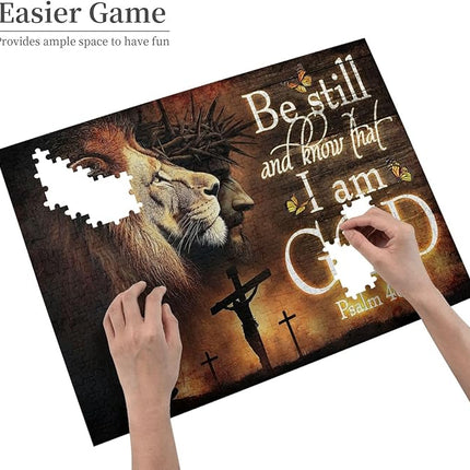 Christian Jigsaw Puzzles 500 Pieces for Adults, Be Still and Know That I Am God Bible Verse with Lion, Religious Wooden Puzzle for Stress Relief, Faith-Based Gift & Wall Decor