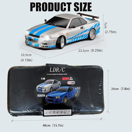 LD1899 1:18 RC Drift Car GTR R34 2.4GHz RWD with Gyroscope on-Road Alloy Body Shell Racing Cars Radio Control (Silvery)