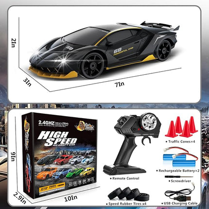 Remote Control Car RC Drift Car 2.4GHz 1:24 4WD 15KM/H High Speed Racing Sport Car with LED Lights Drifting Tire Racing Sport Toy for Adults Boys Girls Kids Gift 2Pcs Rechargeable Batteries