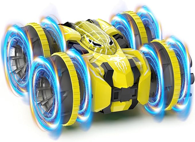 Waterproof Remote Control Car，4WD Land & Water 2.4 GHz RC Car Remote Control Boat，360°Rotation RC Stunt with LED Lights，Boys Girls Gifts All Terrain Water Beach Pool Toy Yellow