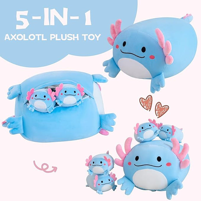 Axolotl Plush, 16" Cute Axolotl Stuffed Animals Mommy with 4 Baby Plushies in Tummy,Soft Jumbo Axolotl Plush Christmas and Birthday Gifts for Girls Boys