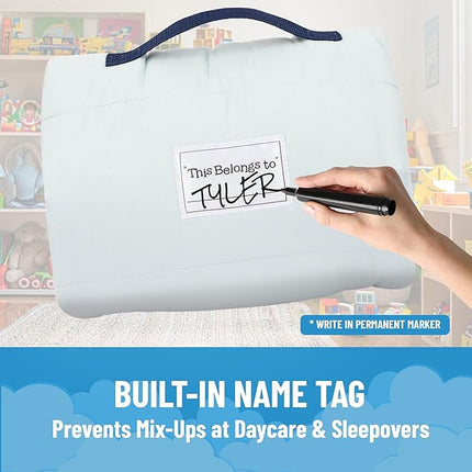 Jay Franco Kids Nap Mat with Embedded Pillow & Blanket – Soft 46"x20" Microfiber Sleeping Bag with Name Tag & Handle