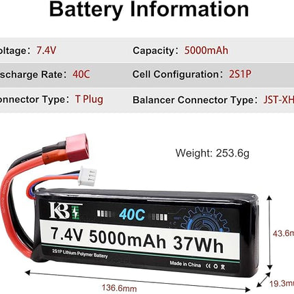 KBT 2S 7.4V LiPo High Discharge Rate Battery 40C(Burst 80C) 5000mAh Rechargeable Soft Pack Lithium Polymer Battery with T Plug for RC Car Boat Trucks 1/8 1/10 Racing Buggy