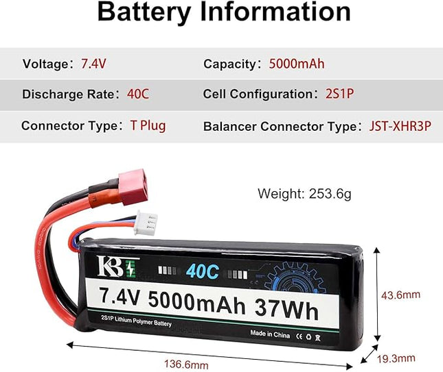 KBT 2S 7.4V LiPo High Discharge Rate Battery 40C(Burst 80C) 5000mAh Rechargeable Soft Pack Lithium Polymer Battery with T Plug for RC Car Boat Trucks 1/8 1/10 Racing Buggy