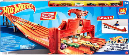Hot Wheels Toy Car Playset with Lights, Sounds & 6 1:64 Scale Vehicles, Super 6-Lane Raceway, 8-foot Track that Rolls Up for Storage (Amazon Exclusive)