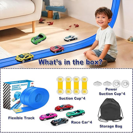 15FT Flexible Race Track for Kids - 2 Lane Blue Car Track for Toy Cars with 4 Race Cars & Suction Cups, Foldable Flex Track Set Compatible with 1/64 Scale Models for Boys Girls 3+
