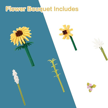 Sunflower DIY Building Blocks Kit - 545 PCS Botanical Flower Bouquet Micro Bricks for Adults & Kids Ages 6+, Creative STEM Gift, Home & Office Decor with Dust Cover