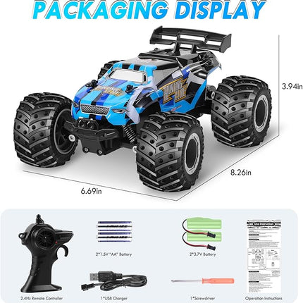 Remote Control Car, Remote Control Truck, 2.4Ghz All Terrain Off-Road Monster Truck, 20 KM/H Rc Cars with LED Bodylight and 2 Rechargeable Batteries Toys for Boys