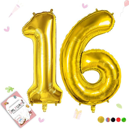 Smlpuame 40 inch Number Balloon 0-9 Gold Large Number 16 Balloons,Digital Balloons for Birthday Party Celebration Decorations Supplies, Helium Foil Number Balloons for Wedding Anniversary