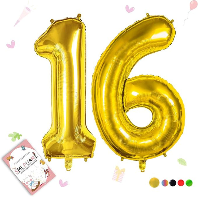 Smlpuame 40 inch Number Balloon 0-9 Gold Large Number 16 Balloons,Digital Balloons for Birthday Party Celebration Decorations Supplies, Helium Foil Number Balloons for Wedding Anniversary