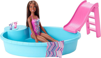 Barbie Doll & Pool Playset with Accessories that Include a Pink Slide, Beverages & Towel, Brunette Fashion Doll in Floral Swimsuit