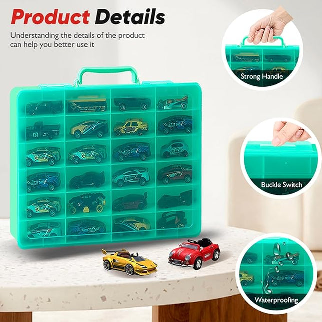Toy Storage Organizer Case for Hot Wheels Car, for Matchbox Cars, for Mini Toys, for Small Dolls. Carrying Box Container Carrier with 24 Compartments (Box Only) (Green)