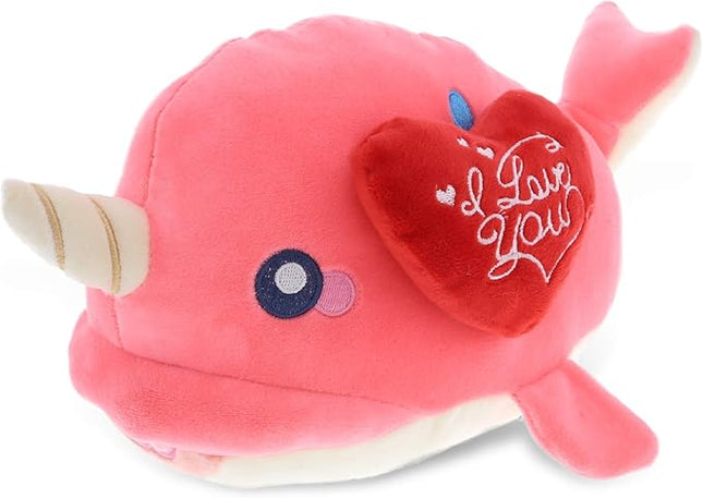 DolliBu I Love You Valentine Plush Pink Narwhal - Cute Stuffed Animal with Red Heart and Name Personalization Gift for Valentine's Day, Birthday, Anniversary - 11.75 Inches