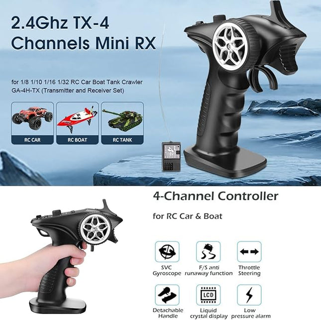 4H-TX 4CH 2.4GHz RC Radio System Transmitter with 4CH Controller Remote Control Receiver for RC Car, Boat, Tanks