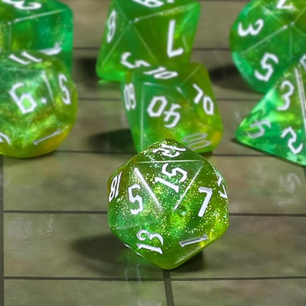 CiaraQ DND Polyhedral Dice Set for Dungeons and Dragons RPG MTG Role Playing Table Games-with 1 Dice Pouch (Green with Yellow + Glitter)