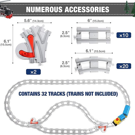 32 Pieces Train Tracks, Classic Railway Track with 20 Curved Tracks, 10 Straight Tracks and 2 Switches Tracks - Compatible with All Major Brands, Toy Track Accessory for Kid, Light Grey