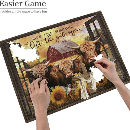 Highland Cow Jigsaw Puzzles 500 Pieces for Adults, Farm Animal & Sunflowers Country Scene, Rustic Window View Wooden Puzzle, Relaxing Nature Art & Farmhouse Decor Gift