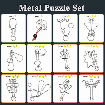 KINGOU Metal Wire Brain Puzzles Set 12 Pcs Brain Teaser Puzzle Toys for Kids, Teens & Adult, Interlock Magic Trick Toy for Gift Party Favor & Games - A