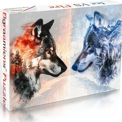 Bgraamiens - Ice VS Fire -1000 Pieces Fantasy Double Exposure Wolf Art, Nature Animals Puzzle Impossible Hard Puzzles for Adults