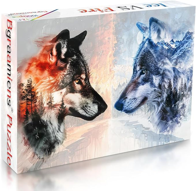 Bgraamiens - Ice VS Fire -1000 Pieces Fantasy Double Exposure Wolf Art, Nature Animals Puzzle Impossible Hard Puzzles for Adults