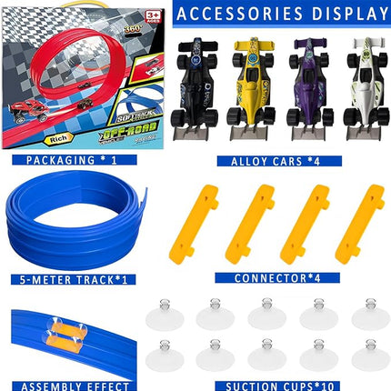 16Ft Flexible Race Car Track for Kids, Flex Track Toy with 4 Race Cars and Suction Cups, Compatible with Hot Wheels and 1/64th Cars, Rolls Up Portable Racetrack for Ages 345678