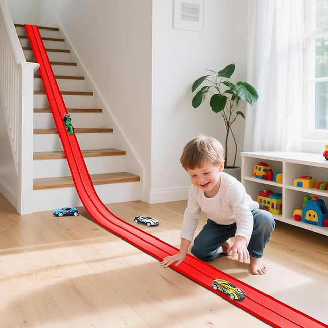 KETIEE Flex Tracks 16Ft for Kids: Flexible Race Car Ramp Track with 4 Small Racecars and 8 Suction Cups Compatible with Hot Wheels and Diecast 1/64th Cars, Rolls Up Portable Racetrack for Ages 3 & Up