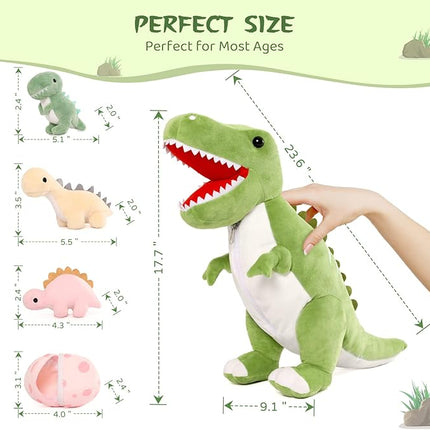 MorisMos Dinosaur Stuffed Animal with Babies,23.6'' Big T-Rex Mommy Stuffed Dinosaur with 3 Baby Dino Plush Toys, 3 Eggs,Boy Girl Dino Toys for Kid Birthday Christmas,Green T-rex