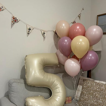 Smlpuame 40 Inch Beige Number 5 Balloons for 5th Birthday Decorations Boys Girl, Giant Self-Sealing Cream Foil Number 0-10 White Sand Balloon for Women Men Party Anniversary Baby Shower Supplies