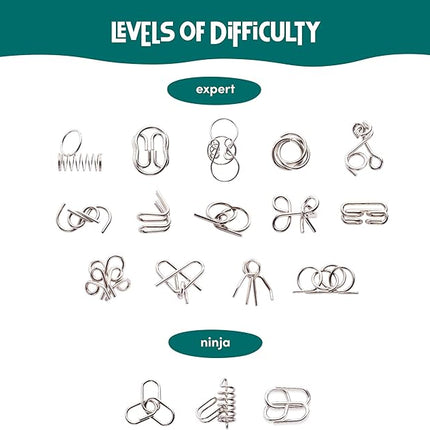 THE TWIDDLERS 36 Metal Brain Teaser Puzzles for Kids & Adults (4 Levels) - Disentanglement Mind Teaser Puzzles with Pouch - Party Favor, Educational Gift